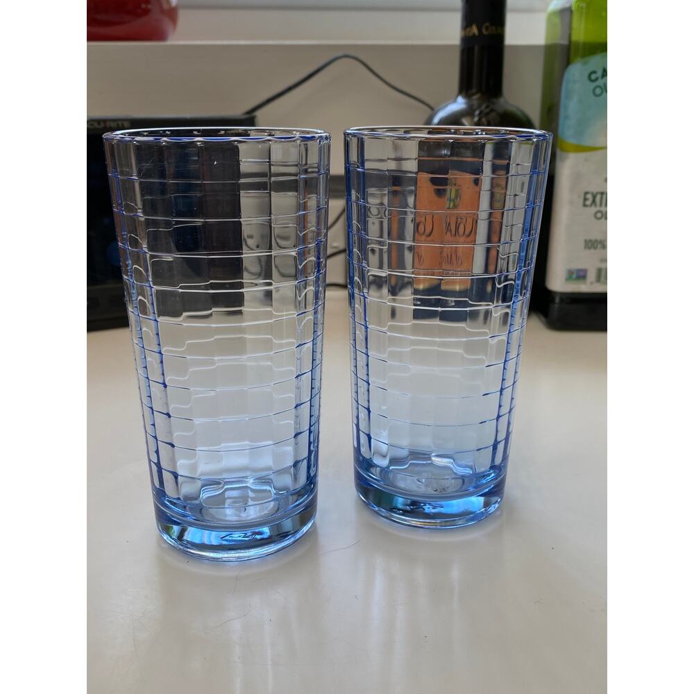 Pasabahce Pair‎ of Blue 5" Drinking Glasses Optic Windowpane Block Pattern